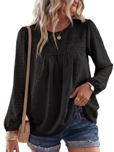 heekpek Chemisier Femme Boho Col Rond Top Manches Longues Blouse Chic et Élégant Haut Dentelle Chemise Ample Fluide Tunique