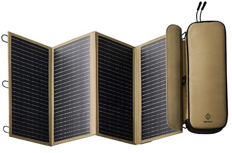 NESTOUT Panel solar portátil, puertos USB-C y USB-A, cargador solar de 28 W para camping, nailon Ripstop repelente al agua, diseño compacto plegable, amperímetro digital, soporte ajustable, beige (4