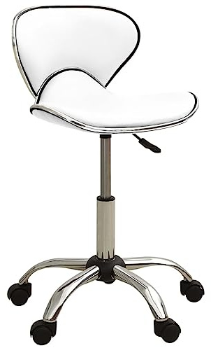 Ordellia Friseur Rollhocker Weiß Kunstleder, Friseurstuhl, Salonstuhl, Bedienstuhl, Drehstuhl mit Gasdruckfeder, 5 Rollen, 110 kg Tragkraft für Friseursalon Barbershop Kosmetikstudio