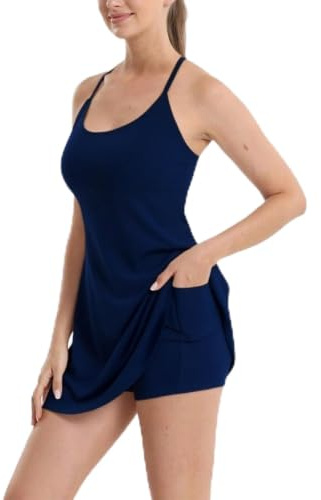 Tennisklänningar för kvinnor med shorts under, spaghettiremmar, marinblå, 3XL
