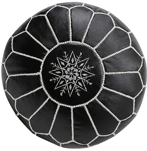 ALMADIH Marokkanischer Echtleder Pouf Leder Sitzkissen schwarz - gefüllt geliefert - 100% Handarbeit Sitzsack Ottoman orientalische Lederkissen Bodenkissen (Pouf schwarz)