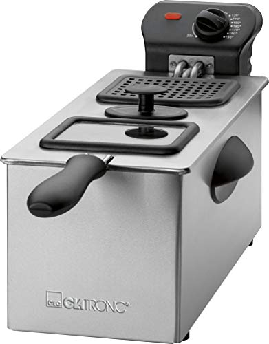 Freidora Clatronic FR 3587, 3 litros de capacidad, 2000 vatios, termostato ajustable continuamente, asas aisladas térmicamente, fácil limpieza, acero inoxidable/negro