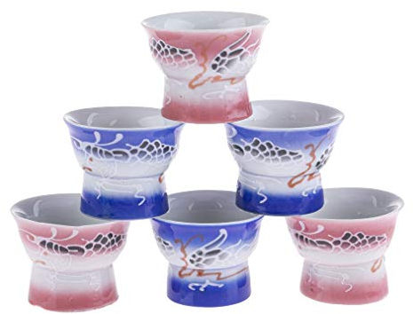 lachineuse - 6 Tasses à Saké Asiatiques - Images Erotiques Mixtes - Verres à Saké Japonais - Idée Cadeau Coquin - Service à Saké Traditionnel Porcelaine Japon - Bol Soju & Alcool - Coloris Bleu & Rose