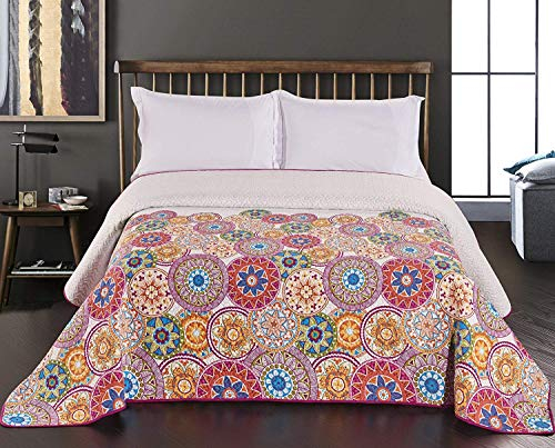 DecoKing Copriletto Reversibile Trapuntato Mandala Motivo Indiano Orientale Porpora Fucsia Bianco Arancione Rosso Verde Bibi, 170x210 cm