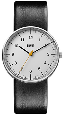 Braun Mens 3-Hand Analogue Quartz Watch, White Dial and Black Leather Strap, 38mm Stainless Steel Case, Model BN0021BKG.