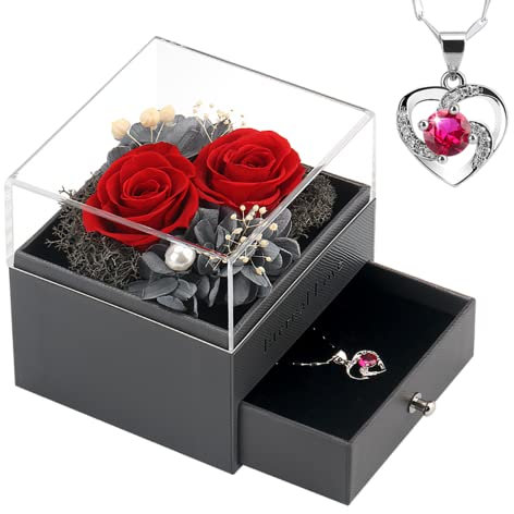 SHOKUTO Birthday Gifts for Her-2 Eternal Real Rose with Necklace, Gifts for Women Wife Mum Grandma Girlfriend on Birthday Anniversary Mothers Valentines Christmas Day