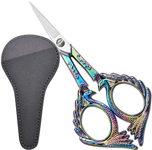 HITOPTY Embroidery Scissors, 5in Small Sewing Scissor Vintage Rainbow Sharp Pointed Tip Shears W/Sheath for Craft Art Work Handicrafts Tool Thread Yarn Fabric Detail Cutting Everyday Use