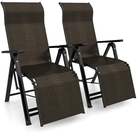 COSTWAY Sonnenliege Rattan 2er Set, klappbarer Liegestuhl mit Verstellbarer Rückenlehne, Gartenstuhl mit Liegefunktion, Gartenliege mit Armlehne, Hochlehner Klappliege für Garten, Terrasse, Balkon