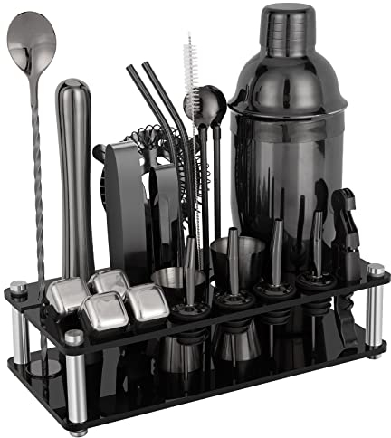 Cocktail Shaker Set, 23 PCS Stainless Steel Bartender Kit with Acrylic Stand & Cocktail Recipes Booklet, Professional Bar Tools for Drink Mixing, Home, Bar, Party (Black, 25oz)