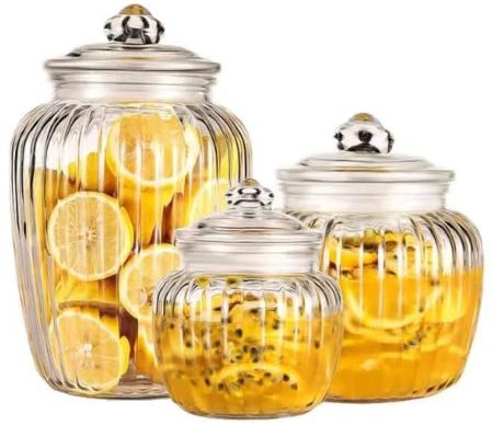 Set di 3 barattoli di vetro con coperchio, grandi barattoli per biscotti in vetro trasparente per cucina, per pasta, farina, cereali, caramelle, caffè, chicchi di biscotti