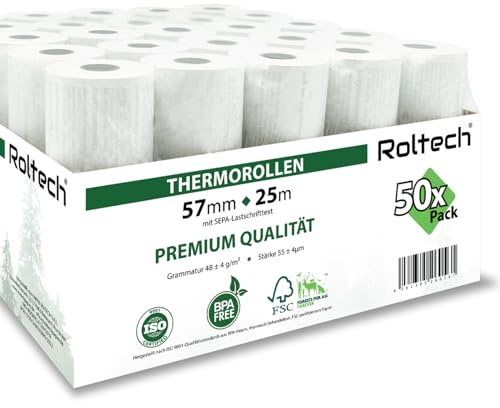 ROLTECH | 50 Thermorollen | 57mm x 25m x 12mm | mit SEPA-Lastschrifttext | BPA frei | EC Cash | Kassenrollen | Thermopapier | Bonrollen | Premium Qualität (50 Rollen)