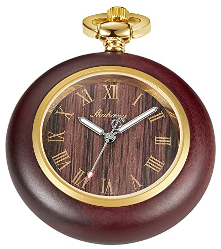 Realpoo Wooden Pocket Watch with 37CM Chain Handmade Watches Roman Digital Dial Wood Pocket Watch with Chain