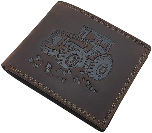 myledershop Büffel-Vollleder Querformat Geldbörse RFID & NFC Schutz (Braun) | Traktor-Motiv, Geldbeutel, Portemonnaie, Geldtasche