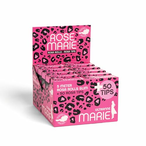 MARIE® ROSEMARIE Slim COMBI Rolls mit Rosa Tips 5 Meter x 20 Rolls | Rosa Longpapers und Tips zum Drehen in individueller Länge | Box mit Rollen a 5m + 50 Tips | 100 Meter + 1000 Tip