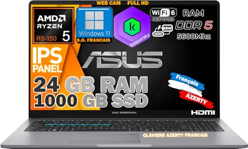 ASUS ExpertBook P1 Ordinateur Portable 15,6 Full HD IPS | AMD Ryzen 5 150 4,55 GHz | 24 Go DDR5 SSD NVMe 1 to | Wi-FI 6 HD RJ45 Gigabit Clavier AZERTY | Windows 11 Pro Compatible Kasper Antivirus