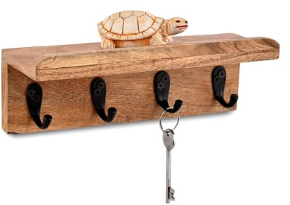 NIRMAN Acacia Wood Rustic Key Holder for Wall, Farmhouse Wall Shelf with 4 Hooks for Entryway Farmhouse Kitchen (10 x 3.5 x 3.5)