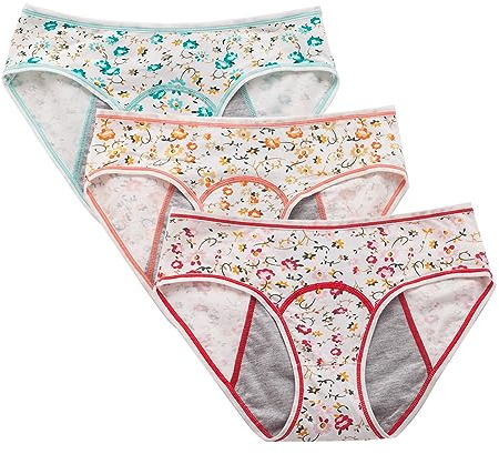 ACMEDE Lotto di 3 mutandine mestruali per ragazze adolescenti dai 9 ai 18 anni con motivo floreale e biancheria intima a prova di perdite fisiologiche in cotone di protezione, 3er confezioni, 16-18