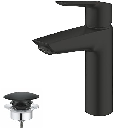 GROHE Start, energiesparende Waschtischarmatur, Kaltwasser in Mittelstellung (Wasserhahn für Waschbecken im Bad, 19cm hoch, mit Pop-Up Ablauf, mit praktischem 3in1 Werkzeug), schwarz, 237462432