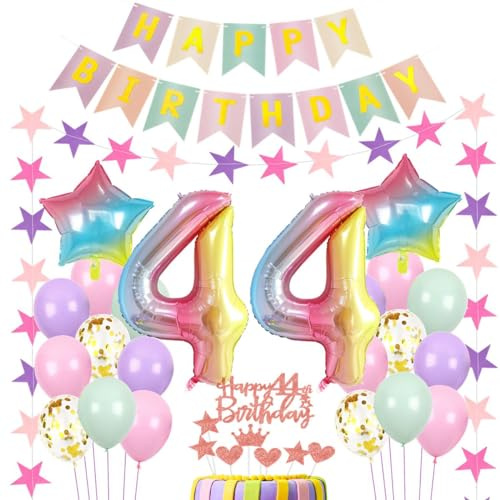Luftballons 44 Geburtstag Dekoration Frau Rosa, 44.Geburtstag Deko Frau, Geburtstagsdeko 44 Jahre,Frauen 44 Geburtstagsdeko bunt,Luftballon 44. Rosa,Regenbogen Luftballon 44 Jahre