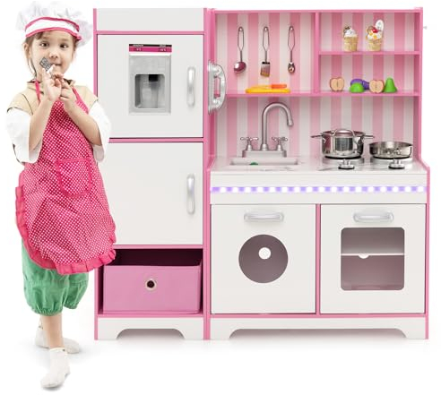 Maxmass Wooden Kids Play Kitchen, Children Pretend Kitchen with Adjustable LED Lights, 16 PCS Accessories, Removable Storage Bin, Ice Maker & Telephone, Toddler Cooking Toys Playset for 3+ Years Old