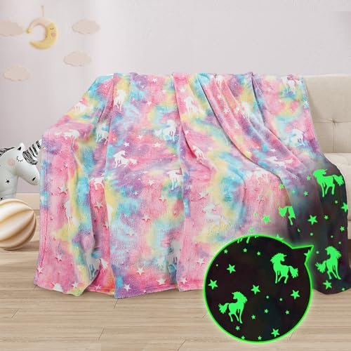 Catalonia Classy Kuscheldecke Kinder Leuchtet im Dunkeln Einhorn, Weich Flauschig Fleece Plüsch Kinderdecke für Sofa Bett, Kuschelig Warme Geschenk Decke für Mädchen, 150 x 130 cm, Rosa