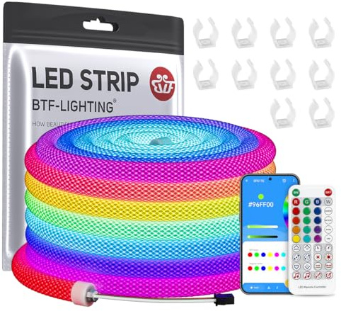 BTF-LIGHTING WS2811 RGB Addressable 360°Round 5M 50LEDs/M LED Neon Kit | DC5V IP67 Flexible LED Strip with SP611E Controller Dream Colours APP Control(No Content Power Supply)