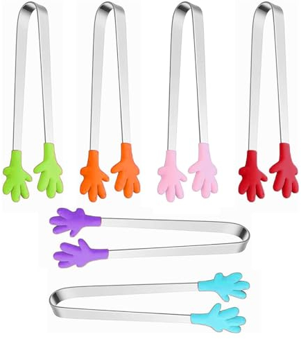 6pcs Sugar Ice Tongs, 6 Colors Multifunctional Mini Food Clip with Skid-Proof Hand Shape Silicone Stainless Steel Tongs