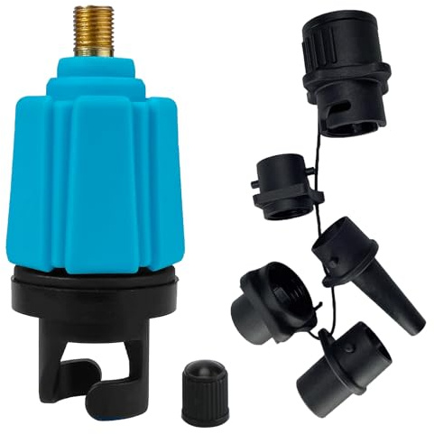 yuejuhe SUP Adapter für Kompressor, Schlauchboot Ventiladapter mit 4 Stück Gasdüse Zubehör für Surf, Pumpenadapter für Stand up Paddling Board, Aufblasbares Bett (Blue)