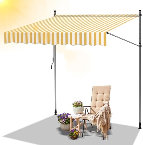 Daromigo Klemmmarkise mit Handkurbel 300cm breit, Balkonmarkise ohne Bohren, Höhenverstellbar Markise UV-beständig Wasserdicht & Sonnenschutz, Einfache Montage, Gelb Weiß