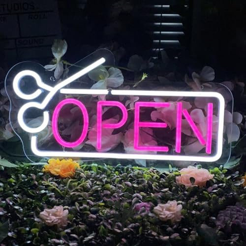 Neon LED Barbiere Targa per Barbiere Decorazione Parete e Finestre Scudo di Luce Aperta per Barbiere Salone Parrucchiere con Interruttore Dimmerabile e Catena Pendente Regali per Parrucchiere 41x20 cm