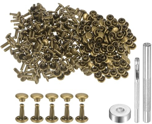QUARKZMAN 200 Set Rivetti in Pelle 6mm x 8mm Elementi Fissaggio Borchie Rivetto a Doppio Cappuccio Metallo 3Pz Montaggio Chicago per Borse Pelle Riparazioni, Bronzo