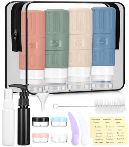Reseflaskor i silikon set 100 ml – 16 stycken med förvaringsväska, bisfenol A-fri, bärbara reseflaskor för lotion, sköljning, duschgel