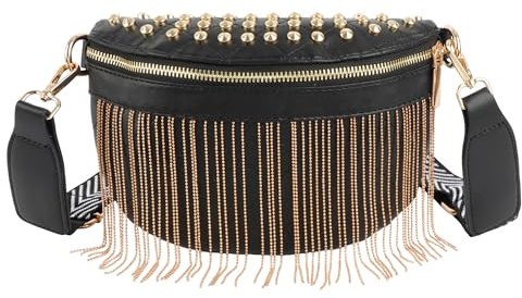 MilyaDE PU Leder Hüfttasche Golden Fransen Nieten Bauchtasche Schultertasche Umhängetasche mit Hüftgurt