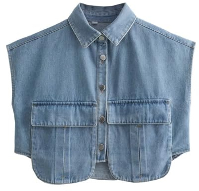 Saklifuo Camisa corta con botones para mujer, cuello sin mangas, holgada, de mezclilla, con bolsillos, azul, S