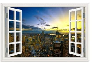 RXNHGJDS Fensterblick Bilder auf Leinwand,Stadtarchitekturlandschaft bei Sonnenuntergang,Leinwandbild Sonnenuntergang Wandbilder Fensterblick Offenes Fenster Ansicht Bild120x80cm(47x31in) Rahmenlos
