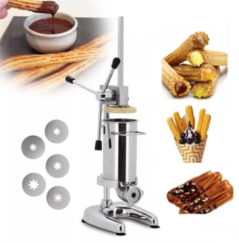 Macchina per Churro Commerciale, Macchina Manuale per Ciambelle Spagnole da 2L/3L con 5 Stampi, Macchina per Riempire Churros Spagnoli Verticali in Acciaio Inossidabile Attrezzatura per Snack 3L