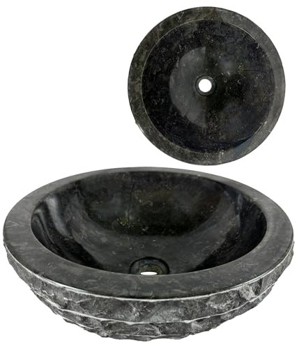 Lendo Online Lavabo rond 40x40x15 cm - Marbre - Pierre naturelle - Évier de salle de bain - Vasque à Poser de Toilette - Brillant - Lave-mains moderne (Noir)