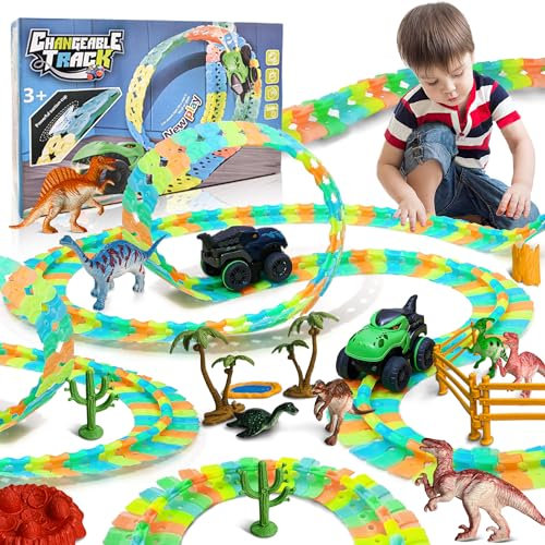 Suebah Rennbahn 324 Stück Autobahn Kinder 6 Jahre Dinosaurier Autorennbahn Rennstrecke Auto Spielzeug Geschenk Autobahn Spiele Cars Kinder Spielzeug ab 3 4 5 6 7 8 Jahre Jungen Mädchen
