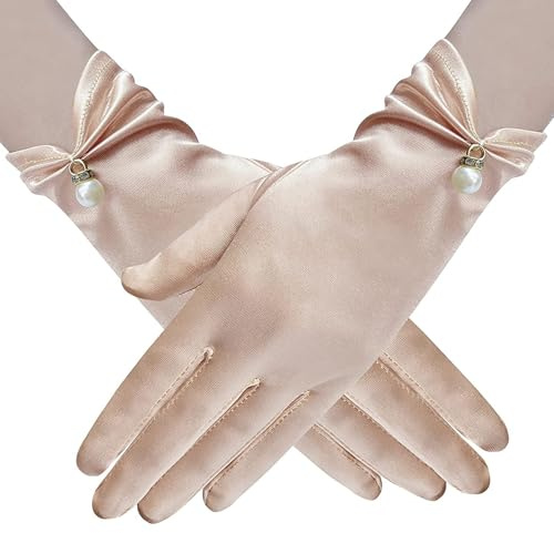 1 Pair Guantes de champán Guantes de encaje de satén cortos para mujeres Accesorios de boda de perlas Guantes de vestimenta de tamaño gratis para mujeres Cena de ópera, guantes de boda para novia