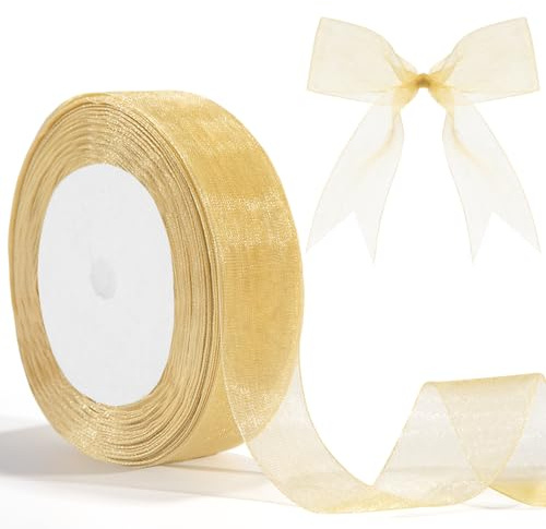 Organzaband Gold Geschenkband 25mm 46m Tüll Gold Geschenkverpackung Goldenes Verpackungsbänder Tüllband Geschenkbänder Zum Basteln Geschenkbänder Bastelarbeiten Geburtstag und Hochzeitsdekoration