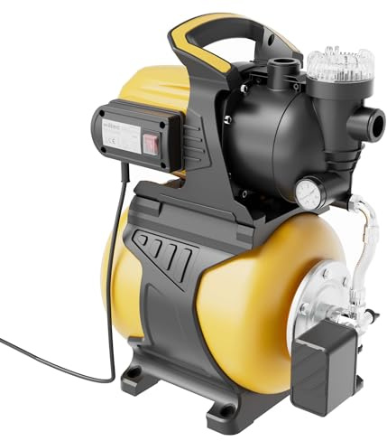 Wiltec Hydroforpump 1000 W med tryckkärl med 19 l kapacitet, 3500 l/h vattenpump med förfilter, 44 m leveranshöjd för trädgård och hushåll