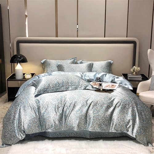 TodaFre Blue Duvet Cover King Size Set, 3 Pieces Cooling Satin Bedding Set - 1 Cashew Patterned Duvet Cover 104x90 Inches with Zipper Closure, 2 Pillowcases