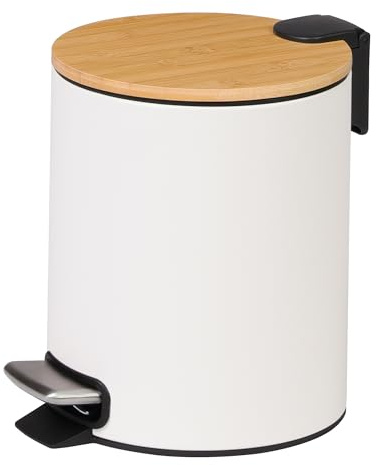 WLIVE Mülleimer 5L mit Bambusdeckel, kleiner Treteimer mit rutschfestem Pedal, Abfalleimer aus Edelstahl für Bad und Küche, geruchsdicht, platzsparend und leicht zu reinigen