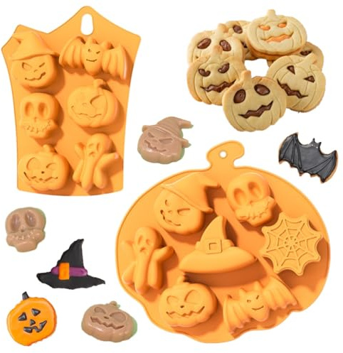 BUKCYUE Halloween Backform Kürbis, 2 Stück Halloween Kürbis Silikon Schokolade Formen, Fledermaus Schädel Geisterform Silikonform, Wird für DIY Süßigkeiten, Kekse verwendet (A)
