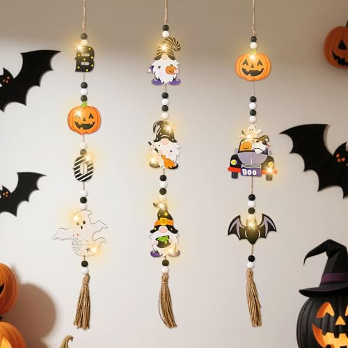Halloween Deko Hängend, 3 Stücke Halloween Hängende Hölzerne mit LED Lichtern, Kürbis Fledermaus Geister Dekorationen, Geeignet für Innen und Outdoor, Fenster, Vorgarten, Haus, Party, Terrasse, Wand
