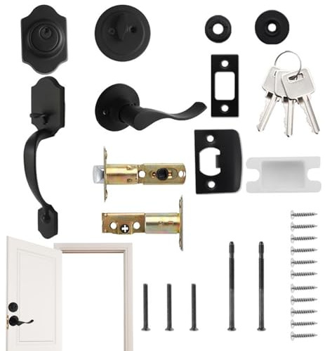 Front Door Lock Handle and Deadbolt Set, Versatile Use, 33.8/21.4/9.7cm, Black Doors Handle, Matte Black Front Door Entry Handleset, Easy Installation, for Entrance Balcony Bathroom