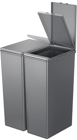 EKO Morandi Twin Pack (2 x 30L) Kitchen Bin with Touch-Top Lids, Plastic Double Bins with Recycling Stickers and Easy-Clean Finish, for Home or Office, Dark Grey