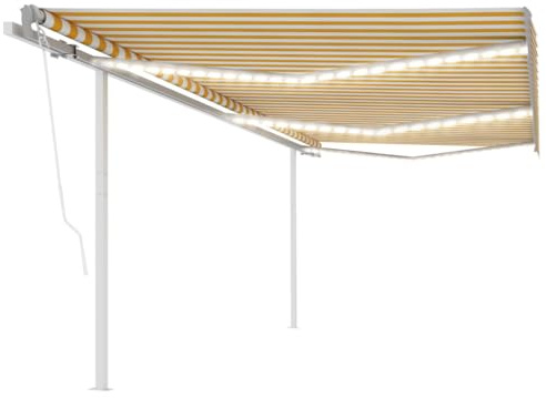 Qnhdfrt Automatische Gelenkarmmarkise 600x300 cm Gelb Weiß mit Windsensor LED Beleuchtung Pulverbeschichteter Alurahmen Fernbedienung und Handkurbel für Balkon Terrasse Garten