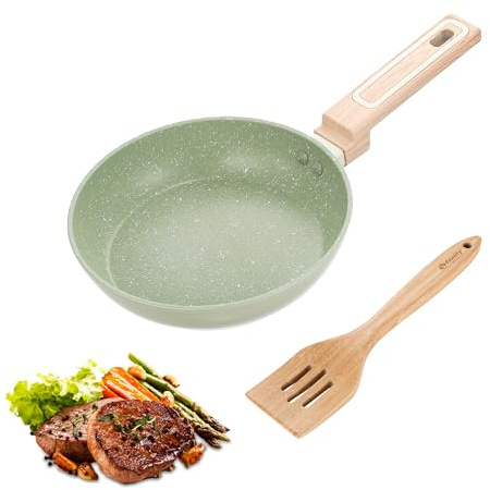Family Sartén de Aluminio Antiadherente 26 cm con Motas + Espátula de Bambú (30,5 x 6,5 cm), Base Reforzada y Revestimiento Resistente, Apta para Inducción, Fácil de Limpiar, Verde Oliva