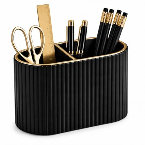 KINGFOM Stifte Organizer, Ovaler Stiftehalter Schreibtisch, 2 Taschen Stiftebox Stifteköcher, PU Leder Schreibtisch Organizer Stifte für Büro/Zuhause (Schwarz)
